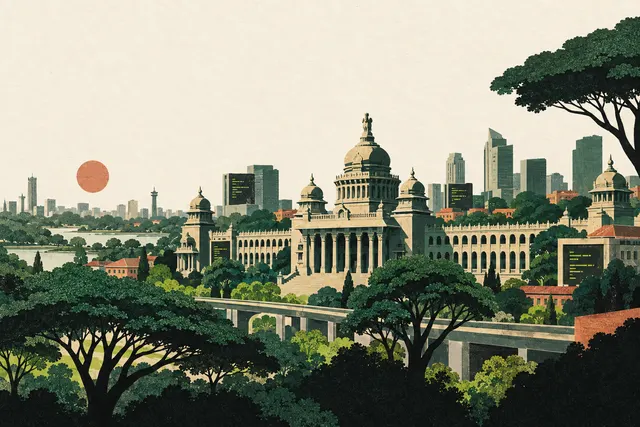 Illustrated Bengaluru architecture and trees