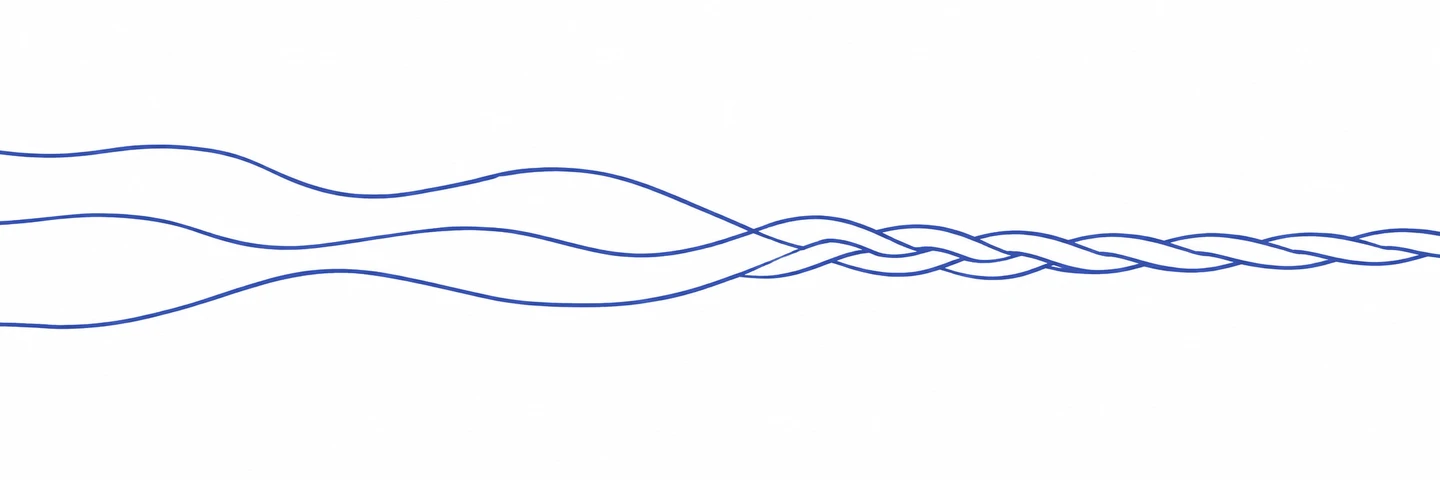 Three independent threads weave into one strong cord: different people and ideas become stronger through collaboration.